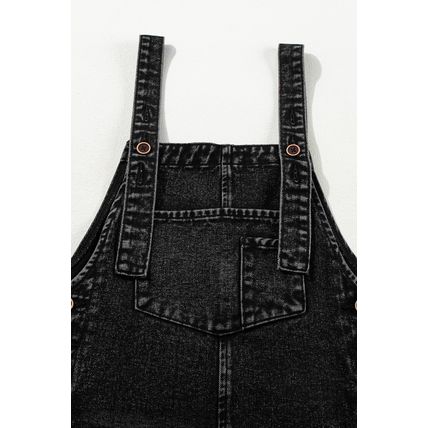 Black Distressed Bib Pocket Wide Leg Denim Overall
