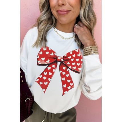 White Heart Bow Printed Round Neck Valentines Pullover Sweatshirt
