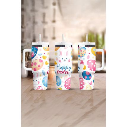 White Happy Easter Bunny Eggs Printed Thermal Tumbler