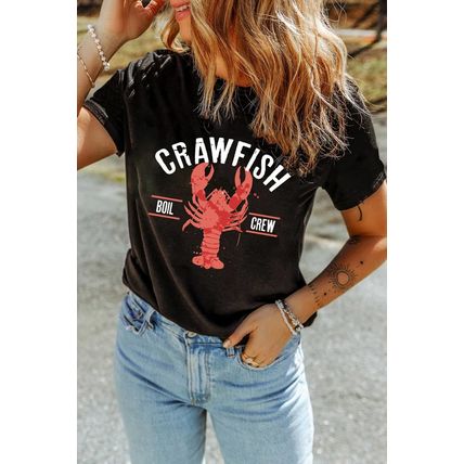 Black CRAWFISH BOIL CREW Distressed Letter Graphic T Shirt