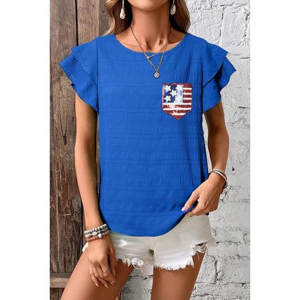 Dark Blue Textured Sequin Stars and Stripes Patched Ruffled Short Sleeve Blouse