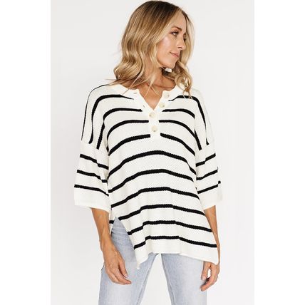 White Stripe Henley Buttoned Placket Drop Shoulder Bracelet Sleeve Knit Sweater
