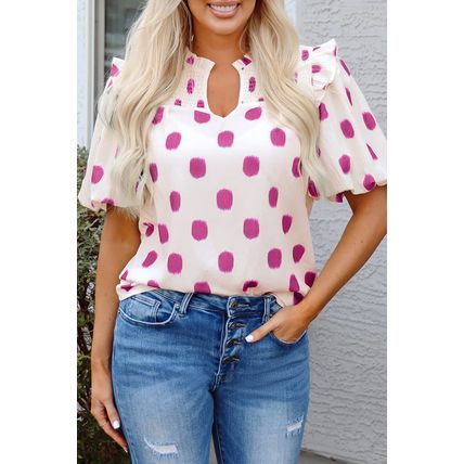 Rose Polka Dot Print Shirred Yoke Notched Neck Balloon Sleeve Blouse