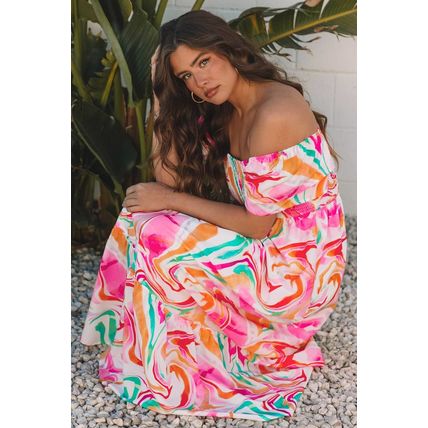 Pink Abstract Print Ruffled Sleeve Smocked Bust Maxi Dress