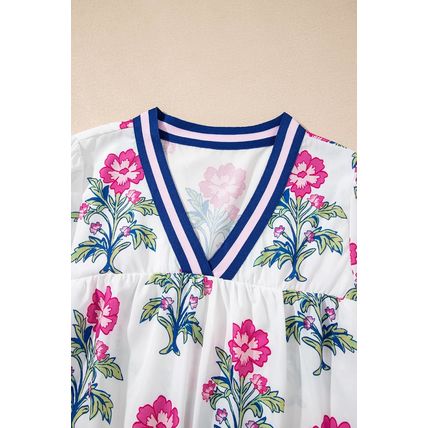 White Floral Print Striped V Neck Blouse