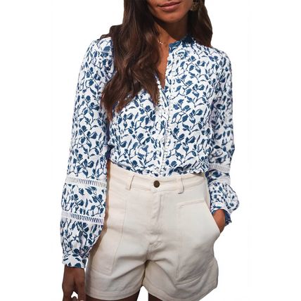Blue Printed Lace Detail Floral Puff Sleeve Fall Shirt