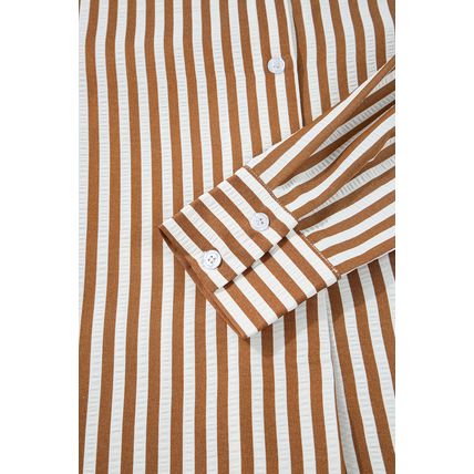 Brown Stripe Ruffled Hem Collared Long Sleeve Shirt Mini Dress