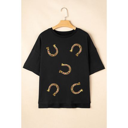Black Western Shiny Horseshoes Pattern High Low Hem Casual T Shirt