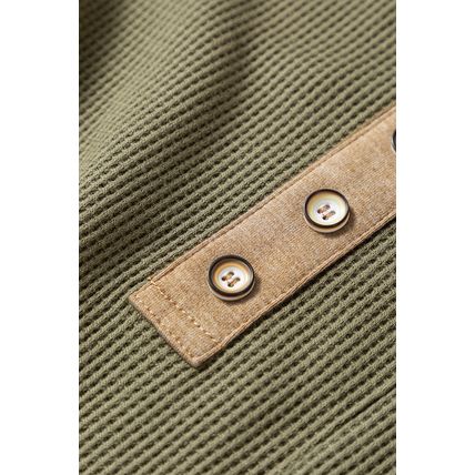 Vineyard Green Color Block Waffle Textured Tunic Henley Top with Slits