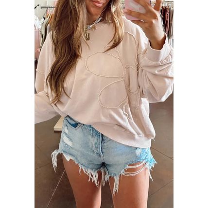 Beige Raw Edge Flower Patch Drop Shoulder Casual Top