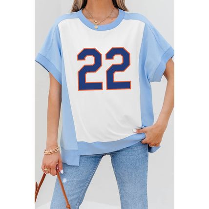 Sky Blue Number 22 Printed Color Block T Shirt
