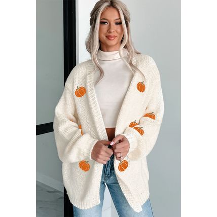 White Pumpkin Print Open Front Drop Shoulder Midi Cardigan
