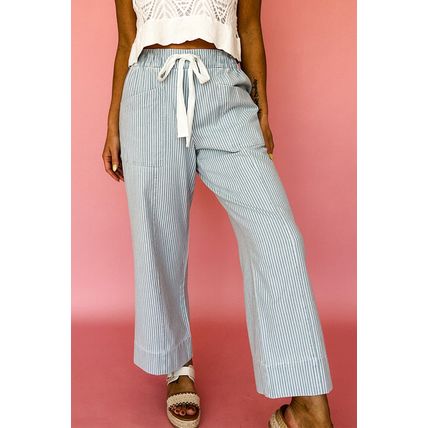 Sky Blue Stripe Mid Rise Drawstring Waist Jeans