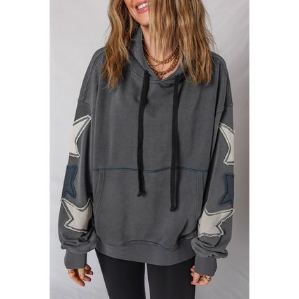 Carbon Grey Star Patchwork Contrast Stitching Mineral Wash Kangaroo Pocket Vinta