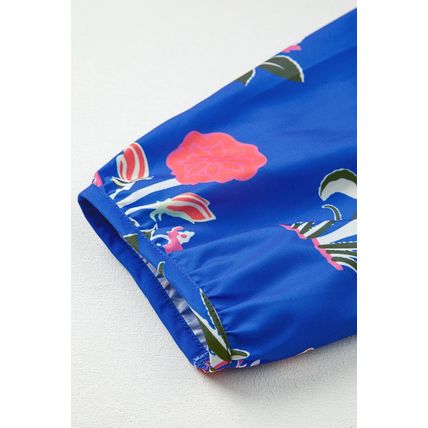 Blue Floral Print Button Detail 3/4 Puff Sleeve Ruffle Hem Dress
