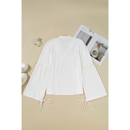 White Drawstring Lace Detail Puff Sleeve Split Neck Spring Fall Blouse