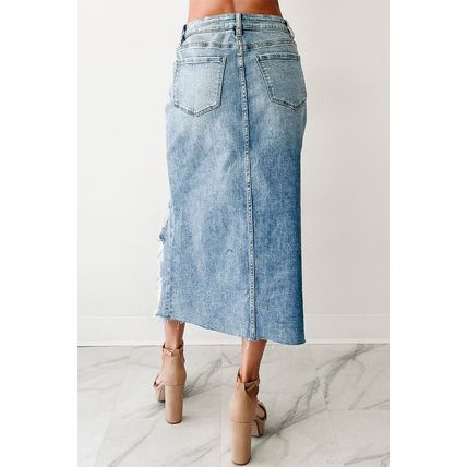 Myosotis Irregular Distressed Bottom Denim Midi Skirt