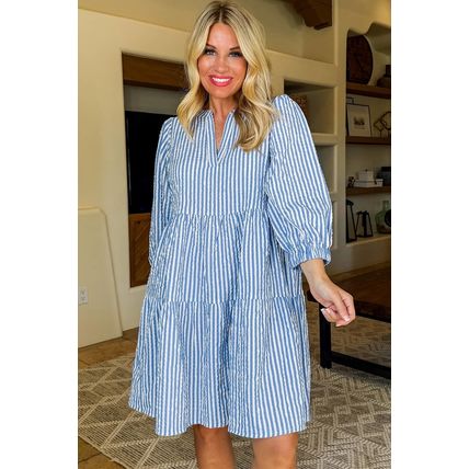 Sky Blue Stripe Bracelet Sleeve Tiered Shift Dress with Pockets