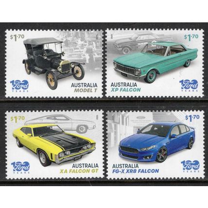 FORD, 100 YEARS IN AUSTRALIA, SET OF 4 MINT NEVER HINGED STAMPS. +