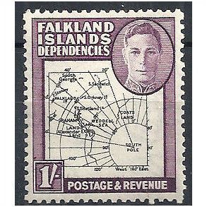Falkland Islands Dependencies 1947 G8 1/- Black & Purple Thick Maps Mounted Mint