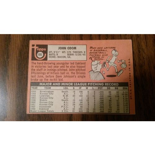 1969 Topps Card # 195 John Odom Very Good (3) Oakland Athletics