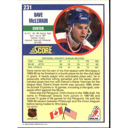 1990/91 Score Hockey Dave McLlwain