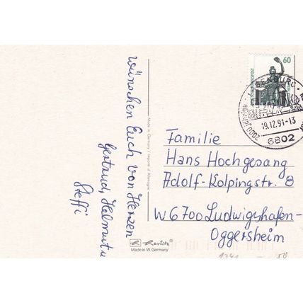 Christmas and New Year Greetings Card Germany posted 1991 VGC