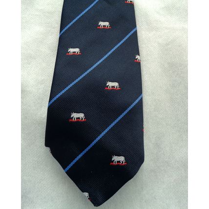 C H Munday tie navy blue light blue stripe bulls or cows logo