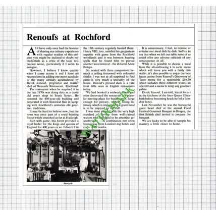 Renoufs Restaurant Rochford Essex Derek Renouf - 1985 Cutting