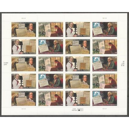Ben Franklin Sheet of Twenty 39 Cent Postage Stamps Scott 4021-24