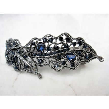 Blue gray silver two leaf crystal hair clip barrette bridal hair clip