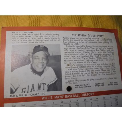 RARE 1962 Sports Champions WILLIE MAYS 7" Floppy 33 RPM Record! $35.00 Shipped!