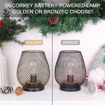 DECORKEY Set of 2 Battery Operated Lamp LED Table Lantern, Brown Metal Cage Cord