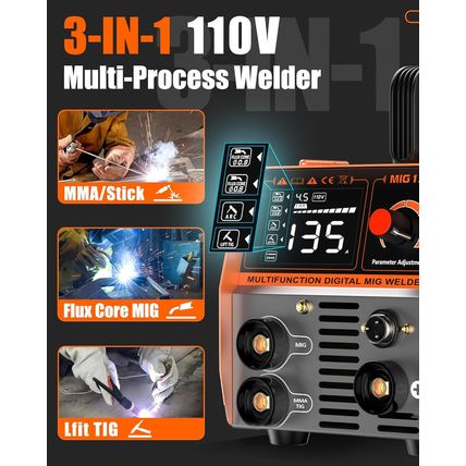 135A Flux Core MIG Welder, 110V 3-IN-1 Mig/Arc/Lift TIG Welding Machine with 1 L
