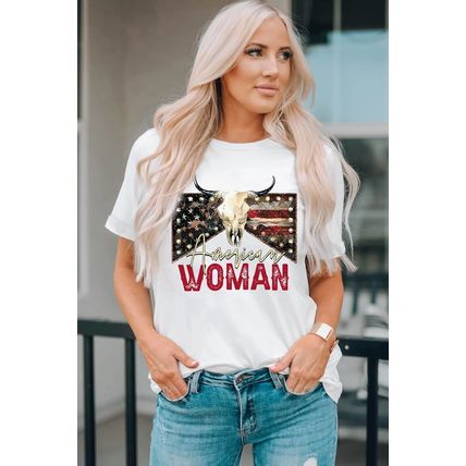 White American Woman Bull Skull Graphic T Shirt
