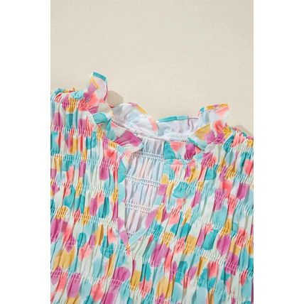 Green Shirred Yoke Ruffled Abstract Printed Blouse