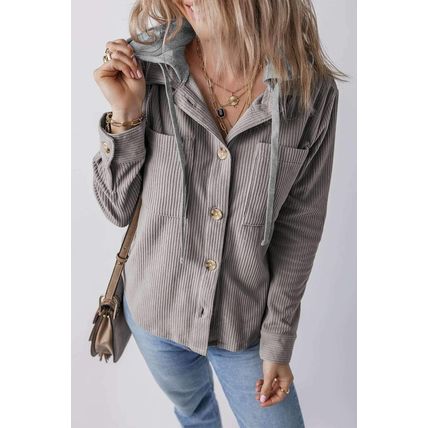 Light Grey Hooded Drawstring Pockets Corduroy Shacket