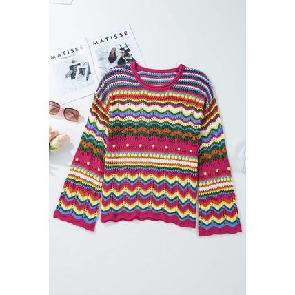 Rose Red Colorblock Striped Hollowed Knit Loose Sleeve Sweater