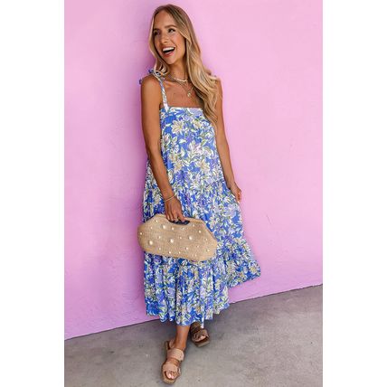 Sky Blue Floral Print Self-tie Straps Flowy Ruffle Long Dress
