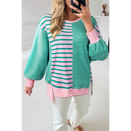 Green Stripe Mix Pattern Color Block Patchwork Side Slit Baggy Sweatshirt
