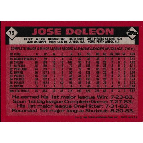 1986 Topps - #75 - Jose DeLeon