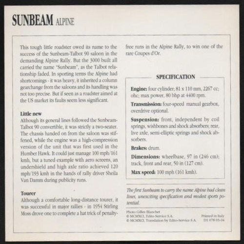 1953 to 1955 Sunbeam Alpine Classic Car Photo and Info Card