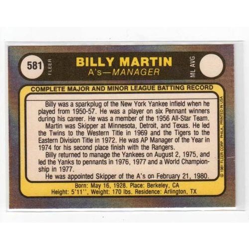 1981 Fleer Billy Martin baseball card #581 -NM- Athletics