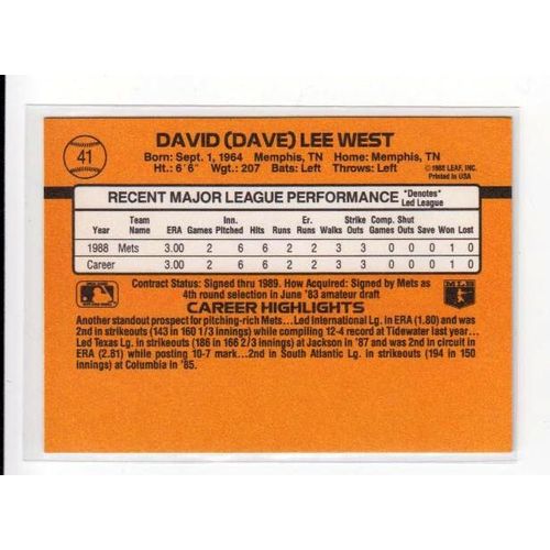 1989 Donruss Dave West RC Rated Rookie card #41 – Mets