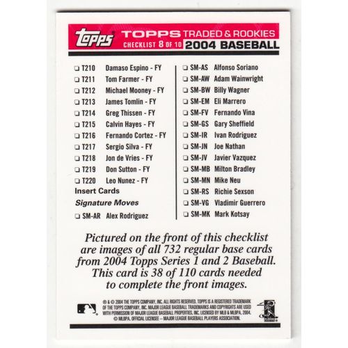 2004 Topps Traded & Rookies Checklist 8 (Red Back) Puzzle Piece #38