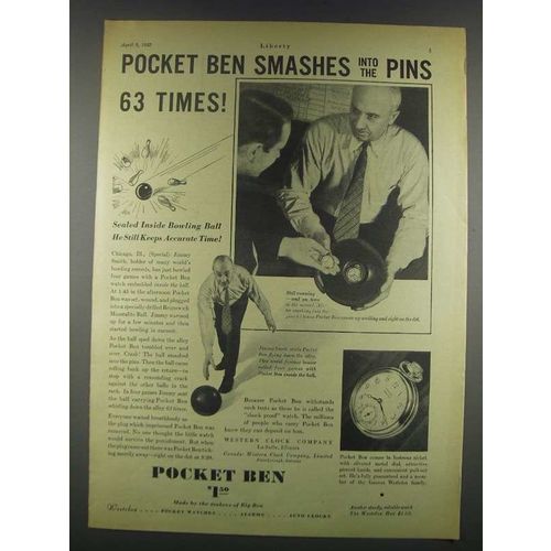 1932 Westclox Pocket Ben Watch Ad - Smashes Into Pins