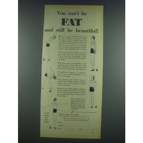 1933 Liberty Reducing Book Ad, Can't Be Fat & Beautiful
