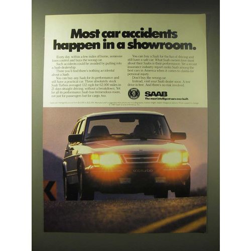 1989 Saab 900 Turbo Car Ad - Most car accidents happen in a showroom