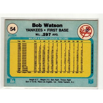 1982 Fleer baseball card 54 Bob Watson- Yankees