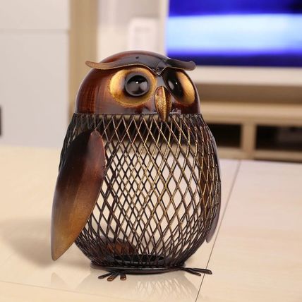 Handmade Owl Piggy Bank Metal Craft Coin Money Saving Box Home Decor Art